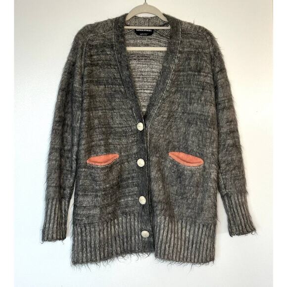 EUC Vintage Sonia Rykiel Gray Mohair Wool Cardigan Sweater Pink Trim Buttons Sml - Picture 12 of 13
